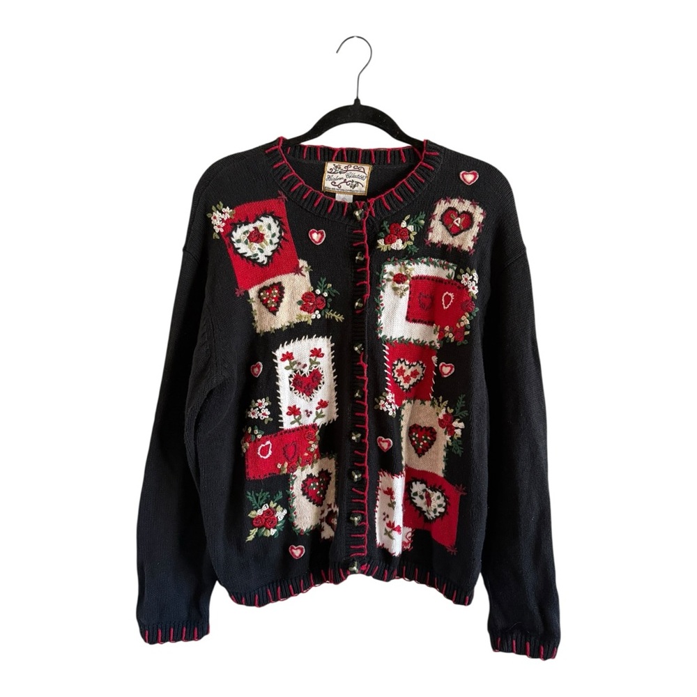 Vintage Heirloom Collectibles Embroidered Patchwork Heart Cardigan XL